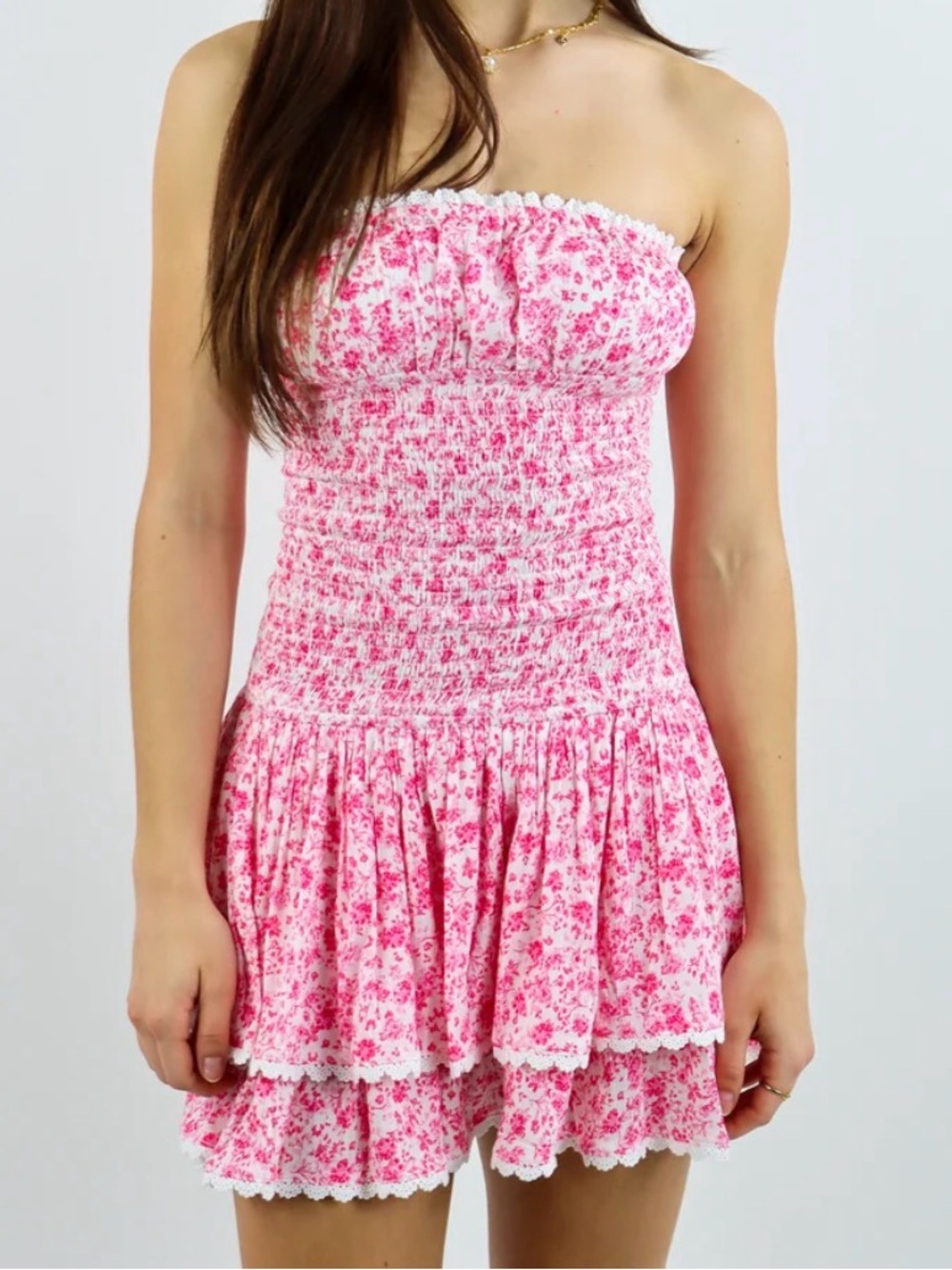 Sky to Moon Pink Floral Strapless Ruffled Mini Dress